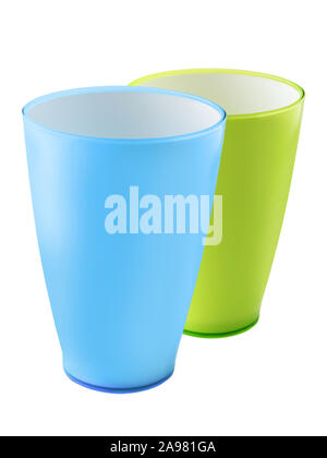Two plastic mugs isolated against white background Stock Photo