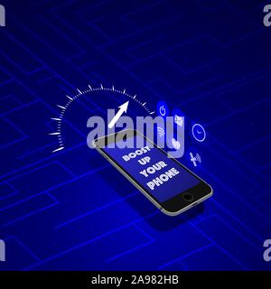 Isometric mobile network system. Wireless Internet of things technology. 4g, LTE digital ecosystem. Smartphone hologram, holographic project banner te Stock Vector