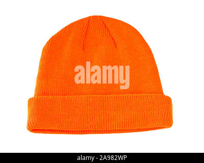 Knitted orange hat isolated against white background Stock Photo