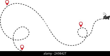 International shipping over seas. Ship on the route with pointers. Vector Stock Vector