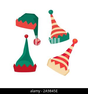 Santa Claus helper elf hat icon flat vector set isolated Stock Vector