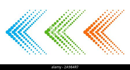Set of dotted arrows. Arrow icon isolated. Color vector arrows. Halftone arrows to left. Stock Vector