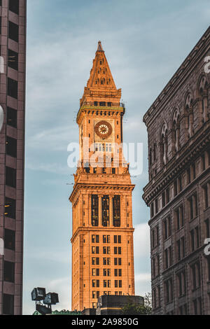 Custom House Tower during sunset in Boston financial district area Stock Photo