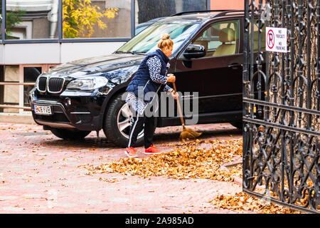 Old woman raking fallen leaves in the courtyard, senior woman gardening during autumn season, cleaning the yard in Bucharest, Romania, 2019 Stock Photo