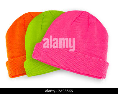 Knitted hats against white background Stock Photo