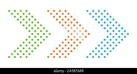 Set of dotted arrows. Arrow icon isolated. Color vector arrows. Halftone arrows to right. Stock Vector