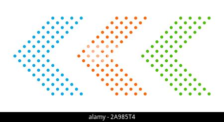 Set of dotted arrows. Arrow icon isolated. Color vector arrows. Halftone arrows to left. Stock Vector