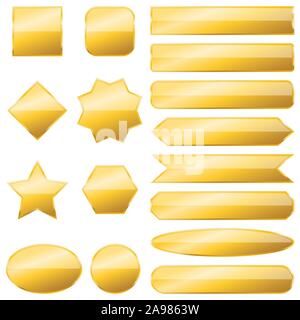 Set of gold banners isolated. Vector metal plates of different shapes. Glossy buttons Stock Vector