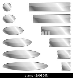 Set of silver banners isolated. Vector metal plates of different shapes. Glossy chrome frames Stock Vector