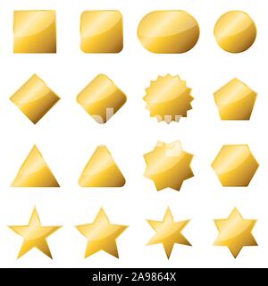 Set of gold banners isolated. Vector metal plates of different shapes. Glossy buttons Stock Vector