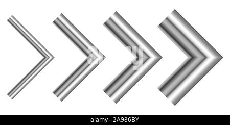 Set of metal arrows of different thicknesses. Vector silver arrows isolated. Chrome right Arrow Stock Vector