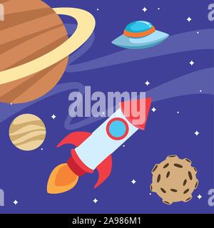 space rocket and flying saucer in the space around the planets Stock Vector
