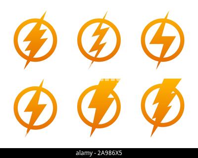 Set of Lightning icons. Vector lightning in circle. Yellow electric power logo design element, isolated. Stock Vector