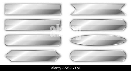 Set of silver banners isolated. Vector metal plates of different shapes. Glossy chrome frames Stock Vector