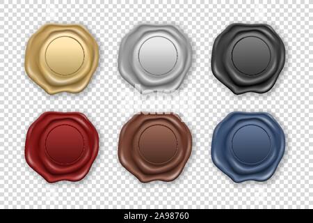 Vector 3d Realistic Vintage Retro Stamp Wax Seal Icon Set Closeup Isolated on Transparent Background. Design Template of Sealing Wax or Stamps, Labels Stock Vector