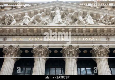 Detail and name of the New York Stock Exchange building, Wall St, New York City Stock Photo