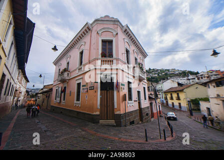 Colonial architecture in historic Old Town Quito, Ecuador Stock Photo