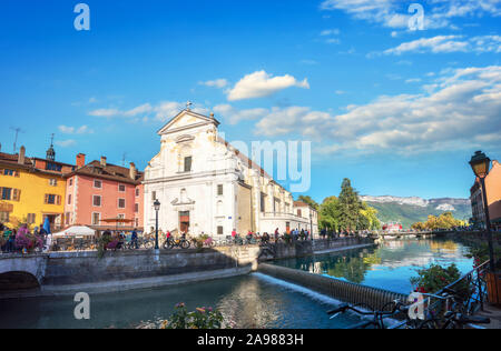 Church of St. Francis de Sales and Canal du Thiou in old town. Annecy, France, French Alps Stock Photo