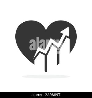 Vector graph icon in heart shape. Flat Diagram icon or graphic icon isolated. Black chart growing bar icon. Stock Vector