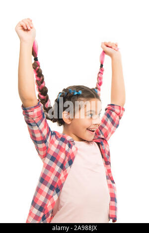 Take Care Of Long Hair Happy Child Hold Long Braids Isolated On