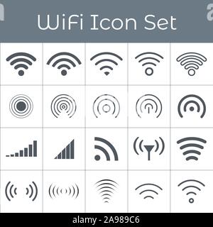 Set of 20 different grey wireless and wifi icons for remote access and communication via radio waves. broadcasting transmission. Stock Vector Stock Vector