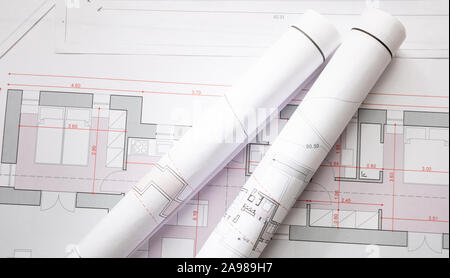 Blueprint plans, architectural design, residential building project, banner Stock Photo