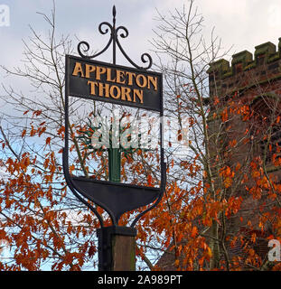 Appleton Thorn Village Sign, Grappenhall Lane, South Warrington, Cheshire, England, UK WA4 4QX