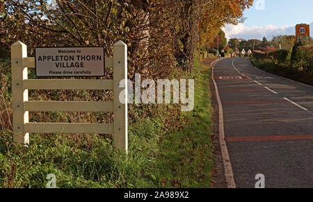 Appleton Thorn Village Sign, Grappenhall Lane, South Warrington, Cheshire, England, UK WA4 4QX