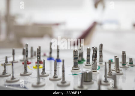 Dental instruments kit for implantology by oral surgery in dental office Stock Photo