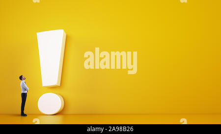 Small business man looks at a big white exclamation mark on a yellow background. 3D Rendering Stock Photo