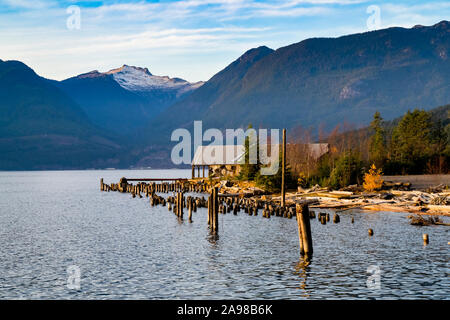 Old shack and wood pilons, Britannia Beach, Howe Sound, British Columbia, Canada Stock Photo