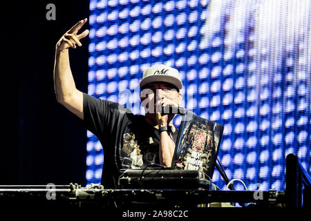 Roskilde, Denmark. July 07th, 2019. The American hip hop group Cypress Hill performs a live concert during the Danish music festival Roskilde Festival 2019. Here DJ Muggs is seen live on stage. (Photo credit: Gonzales Photo - Lasse Lagoni). Stock Photo