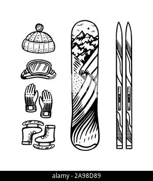 Vintage style snowboard and ski. Winter warm clothes. Elements for active mountain sports. Engraved hand drawn outline retro sketch for stickers or Stock Vector
