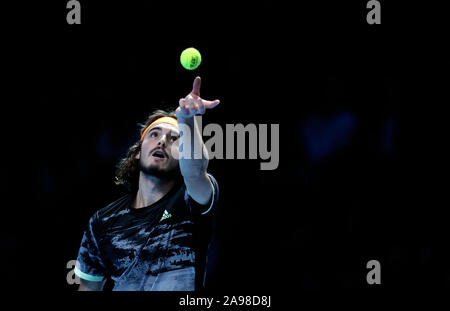 Stefanos Tsitsipas in action on day four of the Nitto ATP Finals at The O2 Arena, London. Stock Photo