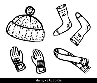Warm clothes in a doodle vintage style. Winter hat and socks, gloves and a knitted scarf. Engraved hand drawn outline retro sketch for stickers or Stock Vector