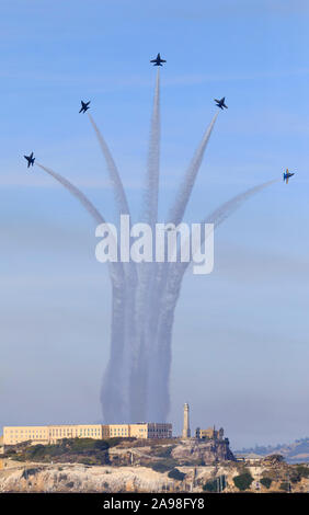 The Blue Angels aerobatic team perform over Alcatraz Island, San Francisco Bay during Fleet Week 2019, California, USA Stock Photo
