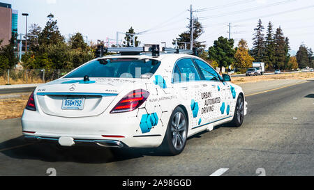Nov 11, 2019 Santa Clara / CA / USA - Mercedes Benz self driving vehicle  performing tests on the streets of Silicon Valley; Daimler and Bosch partner Stock Photo