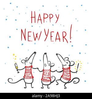 Cute cartoon mouse. 2020 Happy New Year. Mouse, Rat horoscope sign. Chinese year of Rat 2020. Hand drawn illustration. Stock Vector