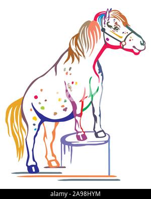 Colorful decorative portrait of pony standing in profile on a stump, training pony. Vector isolated illustration in black color on white background. I Stock Vector