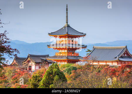Kiyomizu-dera pagoda with fall colors in Kyoto, Japan.