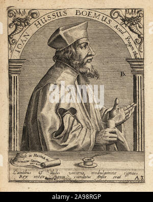 Jan Hus or Husinec, 1369-1415, Czech theologian and philisopher. Ioan Hussus Boemus. Copperplate engraving by Johann Theodore de Bry from Jean-Jacques Boissard’s Bibliotheca Chalcographica, Johann Ammonius, Frankfurt, 1650. Stock Photo