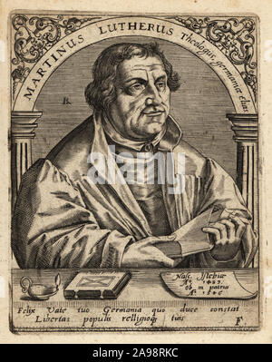 Martin Luther, 1483-1546, German professor of theology, composer, priest, monk, and a seminal figure in the Protestant Reformation. Martinus Lutherus Theologus germania elias. Copperplate engraving by Johann Theodore de Bry from Jean-Jacques Boissard’s Bibliotheca Chalcographica, Johann Ammonius, Frankfurt, 1650. Stock Photo