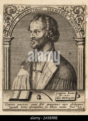 Philip Melanchthon, 1497-1560, German Lutheran reformer, collaborator with Martin Luther. Philippus Melannthon Germaniae Phoenix. Copperplate engraving by Johann Theodore de Bry from Jean-Jacques Boissard’s Bibliotheca Chalcographica, Johann Ammonius, Frankfurt, 1650. Stock Photo