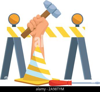 safety barrier and cone with hammer and screwdriver Stock Vector