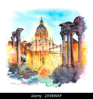 Watercolor sketch of ancient ruins of a Roman Forum or Foro Romano at sunsrise in Rome, Italy. View from Capitoline Hill Stock Photo