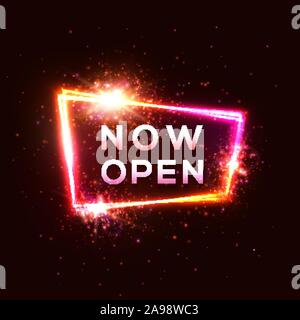 Now Open neon sign on dark red background. Shining rectangle electric frame with color lights. Glowing signboard design template. Night bar advertisin Stock Vector