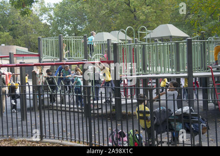 Looking into the 11th Street Playground in Prospect Park in the Park Slope neighborhood of Brooklyn, New York. Stock Photo