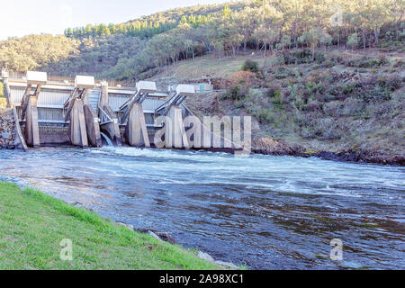 Dam conserving water on the upper reaches of the Murray River In Australia Stock Photo