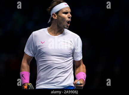 London, UK. 13th Nov, 2019. Rafael Nadal of Spain celebrates during the singles group match against Daniil Medvedev of Russia at the ATP World Tour Finals 2019 in London, Britain on Nov. 13, 2019. Credit: Han Yan/Xinhua/Alamy Live News Stock Photo