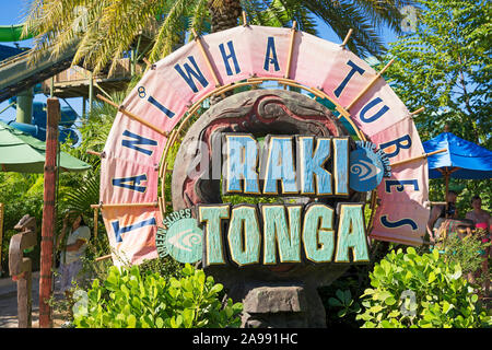 Volcano Bay Taniwha Tubes, Raki Tonga Sign, to Water Slides, Slide, Universal Orlando Resort, Florida, USA Stock Photo